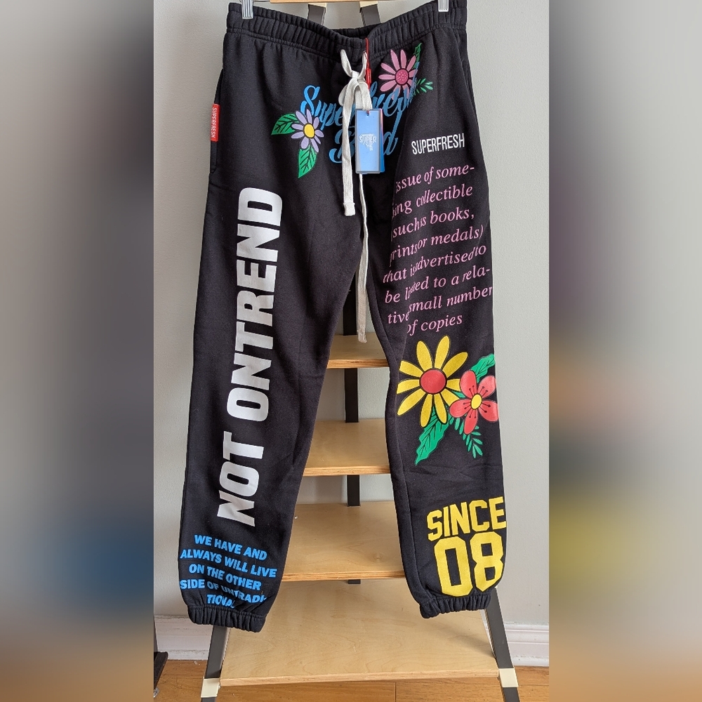 Graphic Floral Black Joggers with Drawstring Waist